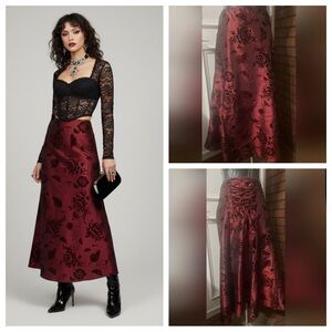 Burgundy Floral Midi Skirt Size 11 Lace Up Back